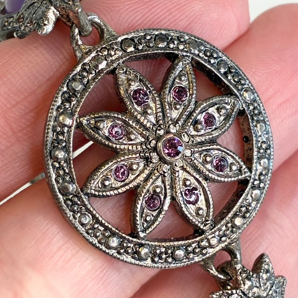 Vintage Premier Designs Bracelet Floral Purple Cabochon Rhinestone Silver Tone - Picture 6 of 11